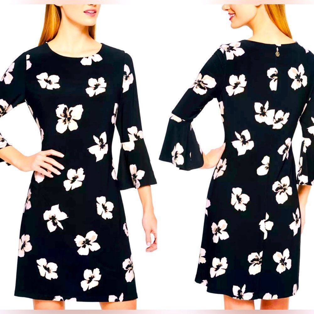 Tommy Hilfiger Black & Tan Printed Flower Jersey Bell Sleeve A-line Dress Size 4